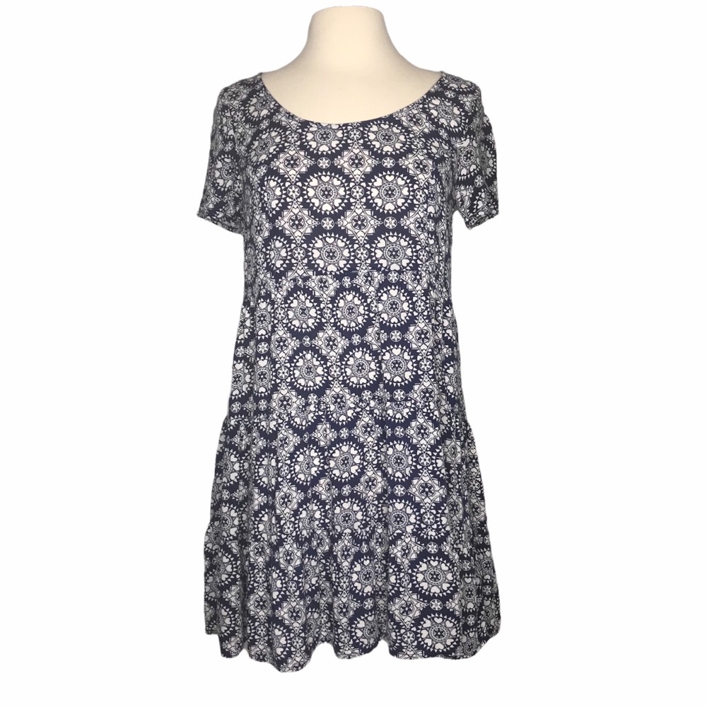 H&M Babydoll Mini Dress A-Line Navy Blue Tiered Mandala Heart Boho School Size 2